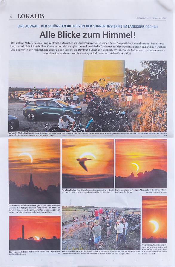 Zeitung Dachauer Nachrichten in der Wochenendausgabe mit einer Lesereinsendung zur partiellen Sonnenfinsternis von Paul Eschbach / DELTA IMAGE.